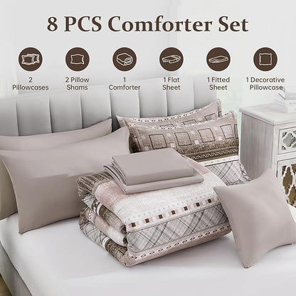 WONGS BEDDING Queen Size Comforter Set 8 Piece, Texture Striped Bed in a Bag Brown Comforter and Sheet Set, Boho Lightweight Microfiber Bedding Set for All Season (90"×90")