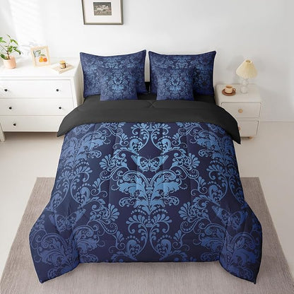 Erosebridal Gothic Damask Comforter Set 7 Piece Bed in a Bag Twin,Butterfly Skull Bedding Sets Blue Victorian Floral Goth Sheet Set with Comforter