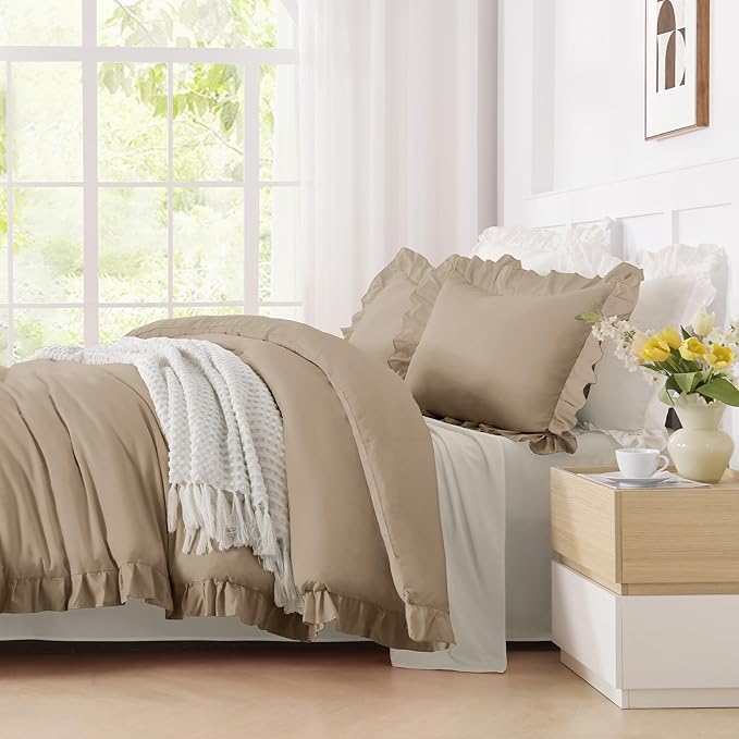 Andency California King Comforter Set Taupe (104x96Inch), 3 Pieces Cal King Ruffle Comforter, Oversized Farmhouse Shabby Chic Bed Comforter, Lighteweight and Soft Microfiber Bedding Set