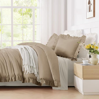 Andency Taupe Ruffle Comforter Twin XL(68x92Inch), 2 Pieces(1 Ruffled Comforter and 1 Pillowcase) Solid Farmhouse Shabby Chic Bed, Vintage Rustic Soft Microfiber Bedding Set