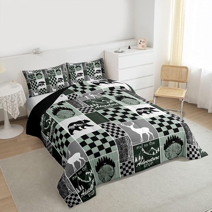 Rustic Cabin Lodge Bedding King Size, Bear Deer Wildlife Comforter Set For Kids Teens Adult, Country Forest Hunting Wild Animal Duvet Insert Retro Plaid Patchwork Down Comforter Farmhouse Decoration