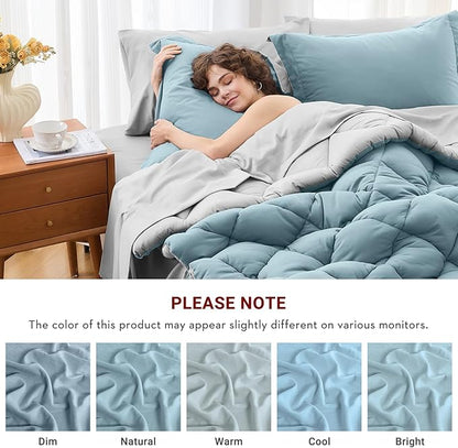 MUXHOMO 7 Pieces California King Comforter Set, Reversible Bed in a Bag Cal King Size, All Season Bedding Set with Comforter, Flat Sheet, Fitted Sheet, Pillowcases & Shams, Greyish Blue & Light Grey