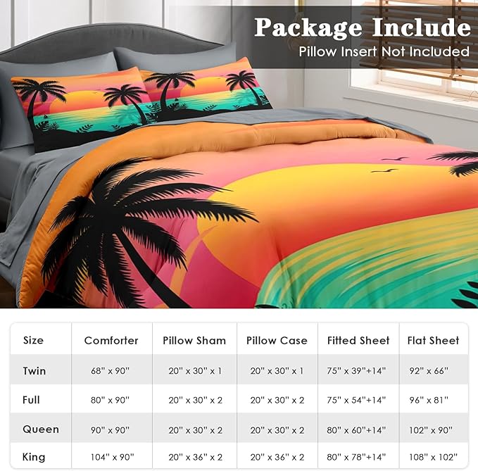 Comforter Set Full Size, Beach Sunset Palm Tree 7 Pcs Bedding for Kids and Adults, Colorful Retro Tropical Bed Sheet Sets with Fitted Sheet 2 Pillowcases & 2 Shams for Bedroom Bed Decor