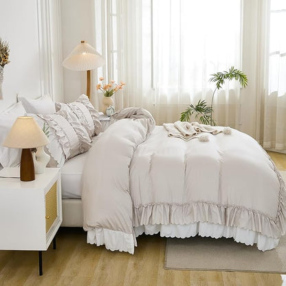 Herside Beige Ruffle Comforter Set King Size,Shabby Chic Boho Bedding Sets, Soft Fluffy Comforters Sets for All Season,Vintage Ruffled 3 Pcs Microfiber Lightweight Quilt Set for Women Girls | Ruffle, Shabby Chic