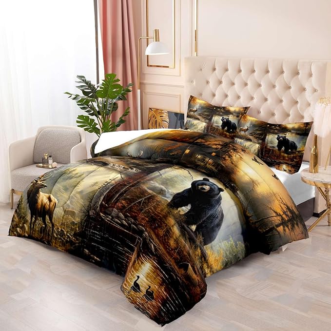 LUVIVIHOME 2PCS Black Bear Deer Comforter Set Twin Size, Elk Moose Mallard Duck Woodland Forest Animal Wildlife Hunting Camo Hunter Country Lodge Rustic Farmhouse Cabin Bedding Sets, 1 Pillow Sham