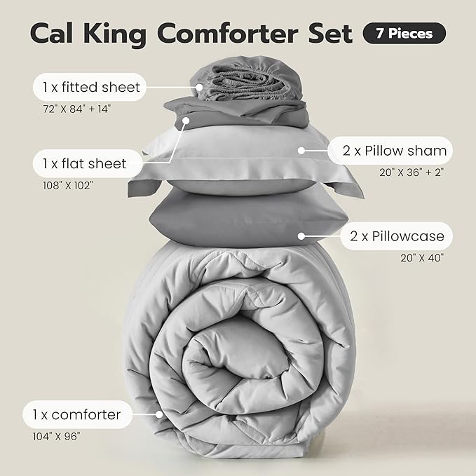 Joiedomi California King Comforter Set with Sheets Light Grey, 7 Pieces Bedding Set with 1 Down Alternative Comforter, 1 Flat Sheet, 1 Fitted Sheet, 2 Pillowcases and 2 Pillow Shams, Bed in a Bag