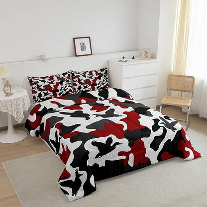 Erosebridal Duck Hunter Comforter Set Queen Size Camo Bedding for Kids Boys Army Camouflage Hunting Bedding Comforter Sets Vintage Red Black Room Decor Wild Animal Duck Rustic Duvet Insert