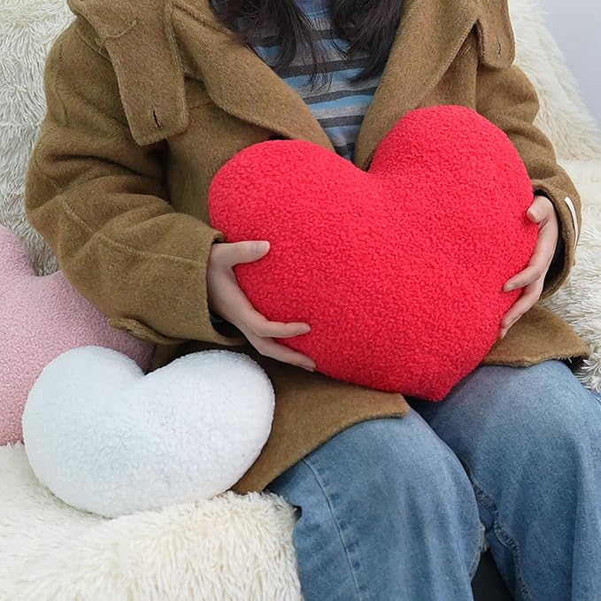 3 Pcs Heart Shaped Throw Pillows Set, Soft Teddy Fleece Plush Decorative Cushions in Red Pink White, Cute Aesthetic Accent Pillows for Sofa Couch Bed Bedroom Apartment Dorm Room Decor