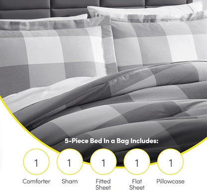 Twin XL Comforter Set with Sheets - 5-Piece Bedding Collection - 1 Comforter, 1 Fitted Sheet, 1 Flat, 2 Pillowcases - Deep Pocket - Soft & Premium Quality - Ideal for All Seasons, Gray Plaid | Breathable material, Beautifule Designs, Durable fabric