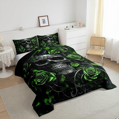 Erosebridal Adults Gothic Comforter Set Bohemian Boho Goth Bedding Full Size Vintage Horror Skull Bed Sets Lime Green Rose Baroque Victorian Romantic Rose Duvet Insert,Halloween Gothic Decor