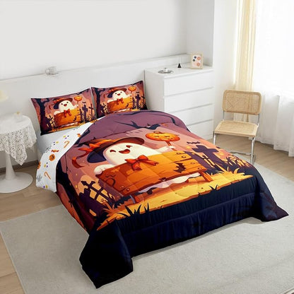 Erosebridal Teens Halloween Toddler Bedding Set, Cute Ghost Bow Comforter Set Spooky Halloween Decor Comforter for Kids Boys Girls Youth Adults Bedroom, Cartoon Graveyard Gothic Pumpkin Lantern Quilt