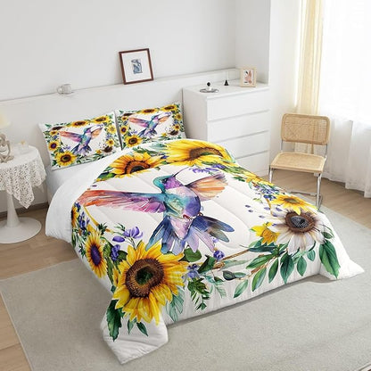 Erosebridal Girls Hummingbird King Bedding Set Rustic Sunflower Comforter Set for Kids Women Garden Watercolor Bird Flowers Quilt Comforter Farmhouse Botanical Leaves Floral Bed Set 2 Pillow Cases