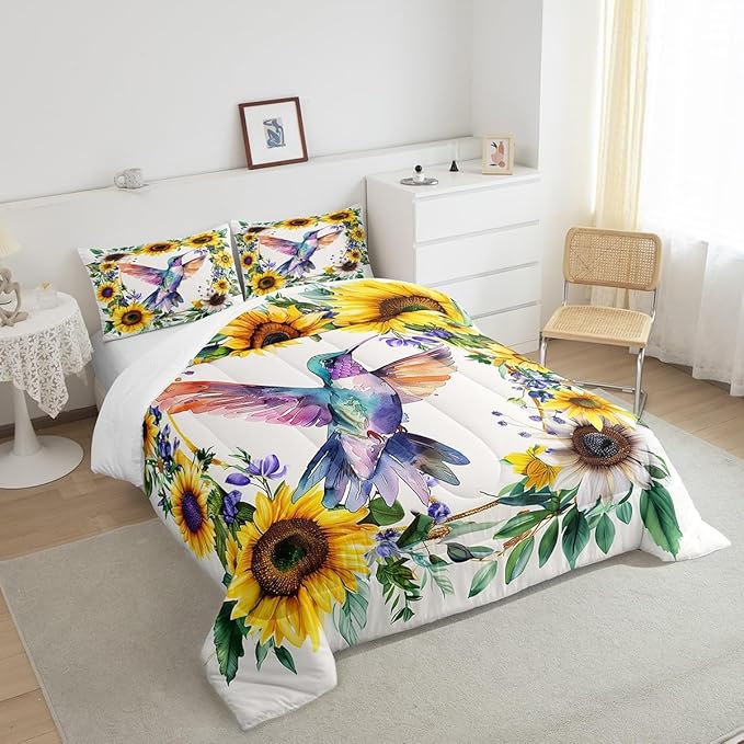 Erosebridal Girls Hummingbird Twin Bedding Set Rustic Sunflower Comforter Set for Kids Women Garden Watercolor Bird Flowers Quilt Comforter Farmhouse Botanical Leaves Floral Bed Set 1 Pillow Case