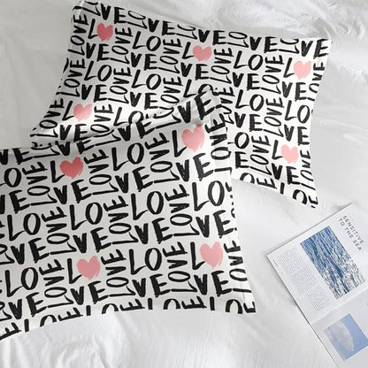 Comforter Set Queen Size, Love Heart 7 Pcs Bedding for Kids and Adults, Black and Pink Bedding Sets with Fitted Sheet 2 Pillowcases & 2 Shams for Bedroom Bed Decor