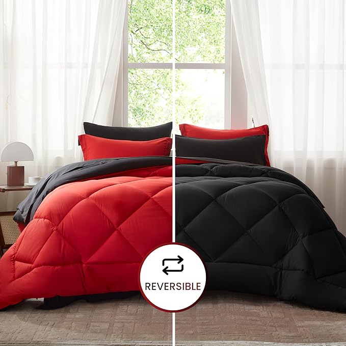 Anluoer Queen Comforter Set -7 Pieces Bed in a Bag Queen Size, Reversible Bed Set with 1 Comforter(88"*88"), 2 Pillow Shams, 2 Pillowcases, 1 Flat Sheet, 1 Fitted Sheet, Red & Black