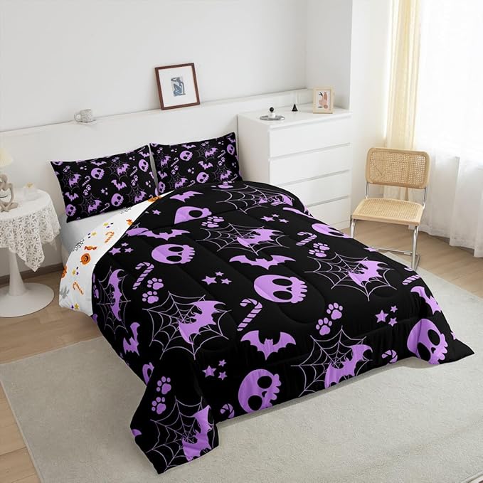 Erosebridal Cute Purple Halloween Queen Comforter Set Spider Web Skull Bat Bedding Set Spooky Goth Gothic Animal Bed Set Horror Halloween Quilt Set for Kids Teens Adults