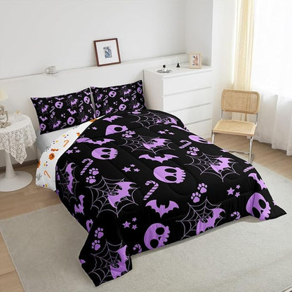 Erosebridal Cute Purple Halloween Queen Comforter Set Spider Web Skull Bat Bedding Set Spooky Goth Gothic Animal Bed Set Horror Halloween Quilt Set for Kids Teens Adults