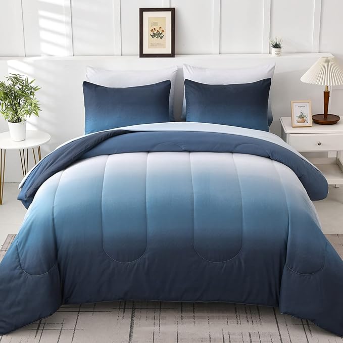 Gradient Blue White Comforter Set King Size 7 Pieces Ombre Navy Blue Bed in a Bag Complete Bedding Set - Breathable Solid Ocean Sea Blue Bed Sets with Flat/Fitted Sheet, 2 Pillowcases, 2 Pillow Shams