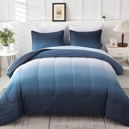 Gradient Blue White Comforter Set King Size 7 Pieces Ombre Navy Blue Bed in a Bag Complete Bedding Set - Breathable Solid Ocean Sea Blue Bed Sets with Flat/Fitted Sheet, 2 Pillowcases, 2 Pillow Shams