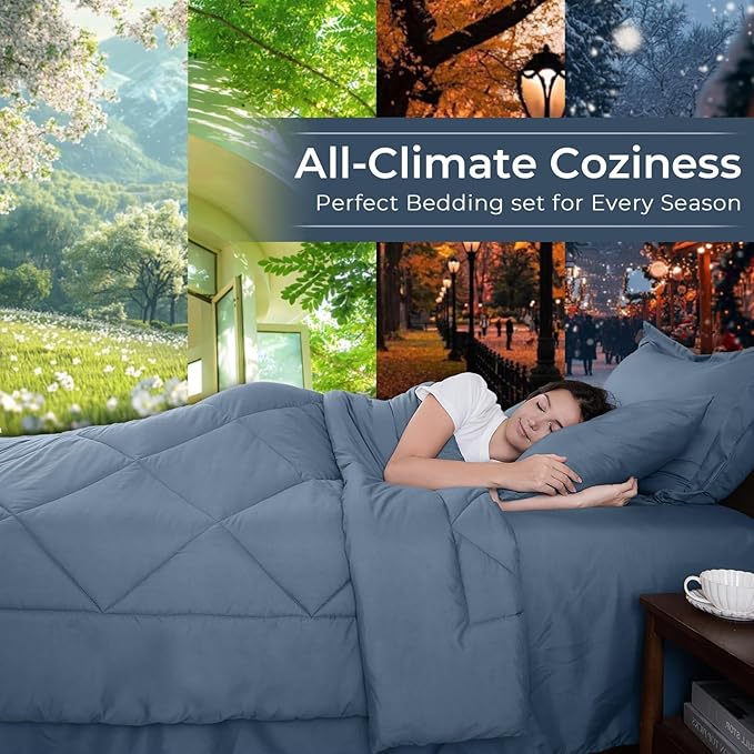 HEVUMYI Dusty Blue Twin Comforter Set - 5-Piece All Season Bed in a Bag Twin, Ultra Soft Bedding Set with Comforter, Flat Sheet, Fitted Sheet, Pillowcases, Pillow Shams