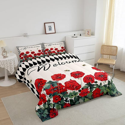 Erosebridal Spring Geranium Flowers Down Comforter Full Rustic Farmhouse Plaid Floral Bedding Sets Country Garden Style Comforter Set for Teen Girls Women,Pastoral Bee Quilt Duvet Cabin Decor