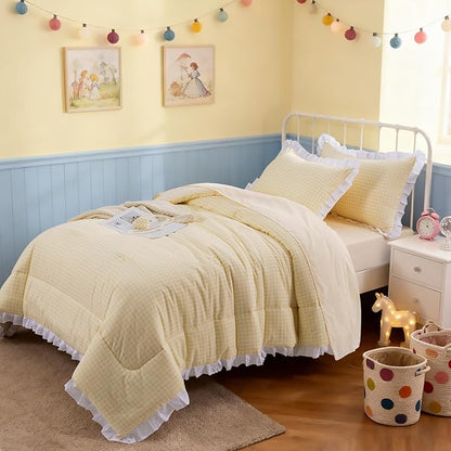 A Nice Night Comforter Twin Size,Yellow Ruffle Comforter for Dorm Room Essentials for Twin Bed,Plaid Checkered Chic Bedding Bed in a Bag for Girls