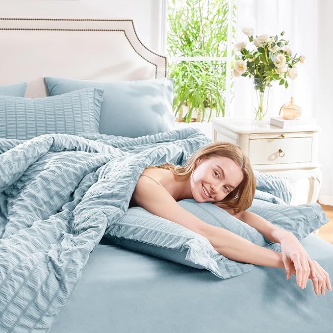 CozyLux Full Size Comforter Sets with Sheets Seersucker 7 Pieces Light Blue Bed in a Bag Textured Luxury Soft Bedding Set with Down Alternative Comforter, Sheets, Pillowcases & Shams for All Seasons