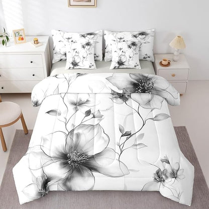 Erosebridal Black and White Comforter Set with Sheets King, Boho Flower 7 Pcs Bedding Set for Women Men Adults, Artistic Watercolor Floral Bed in A Bag, Ink Painting Style Blossom & Leaf Bed Sets