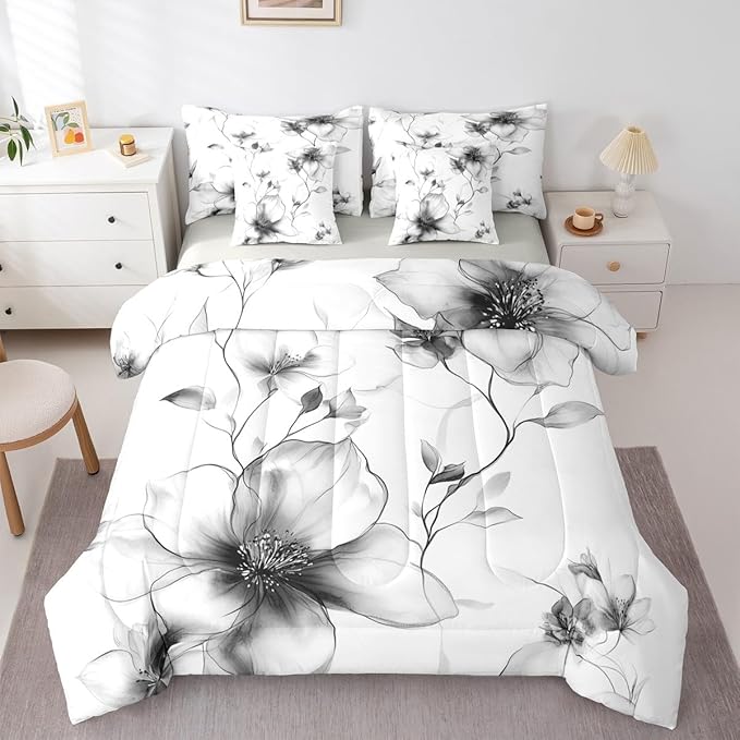 Erosebridal Black and White 7 Pcs Bedding Set Twin, Boho Flower Comforter Set with Sheets for Women Men Adults, Artistic Watercolor Floral Bed in A Bag, Ink Painting Style Blossom & Leaf Bed Sets
