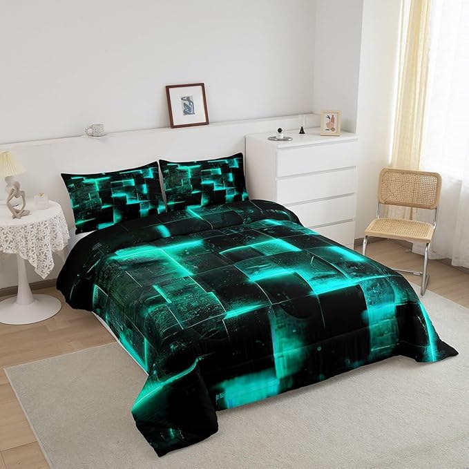Black Teal Abstract Comforter Queen Gradient Square Queen Bedding Set, Grid Down Comforter Neon Checkered Bed Set, Glowing Plaid Quilted Duvet 3D Modern Bedroom Decor 3pcs (Black Reversible)