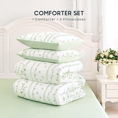 Wake In Cloud - Shabby Chic Comforter Set, Cottagecore Floral Romantic Charming Style with Botanical Stripe Pattern, Soft Lightweight Bedding, 3 Pieces, Green White, Twin/Twin XL Size