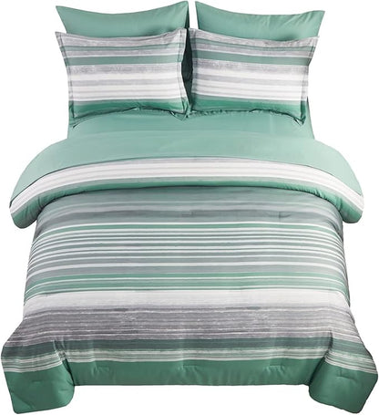 KAKIJUMN 7 Piece Bed in a Bag Stripe Comforter Set Full Size, White Grey Sage Green Patchwork Striped Comforter and Sheet Set, All Season Soft Microfiber Complete Bedding Set(Green,Full)