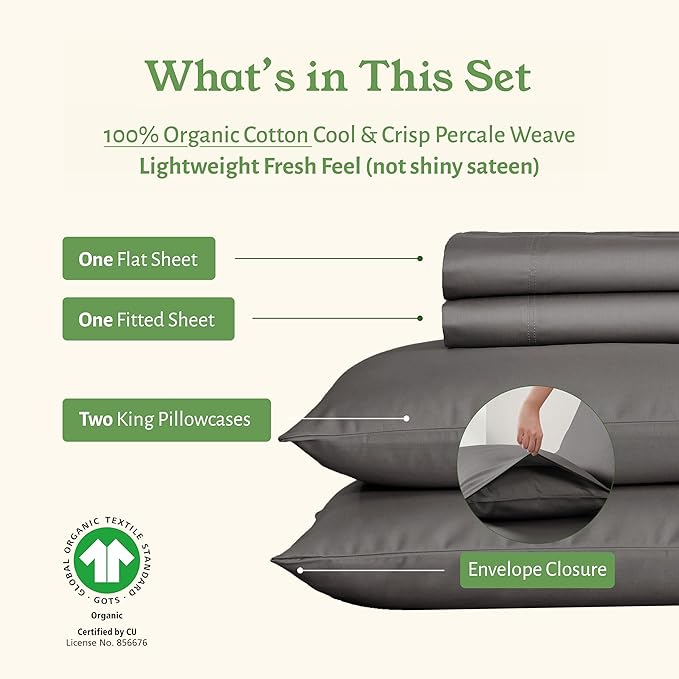 California Design Den Bed Sheets California King Size Set - Soft 100% Organic Cotton Sheets with Deep Pockets, Crisp Percale, Breathable and Durable Bedding Set - Grey