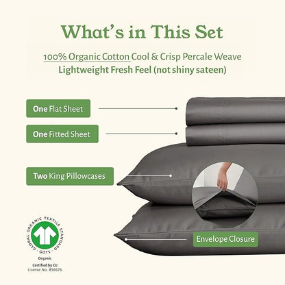 California Design Den Bed Sheets California King Size Set - Soft 100% Organic Cotton Sheets with Deep Pockets, Crisp Percale, Breathable and Durable Bedding Set - Grey