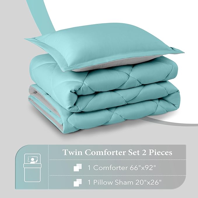 downluxe Twin Comforter Set - Turquoise and Grey Twin Comforter, Soft Bedding Sets for All Seasons -2 Pieces - 1 Comforter (66"x92") and 1 Pillow Sham(20"x26")