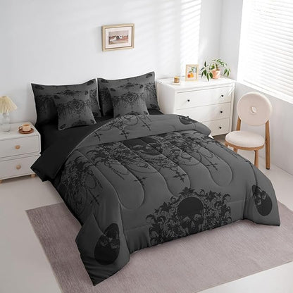 Gothic 7 Piece Comforter Set Full Bed in a Bag,Goth Sugar Skull Bedding Set,Charcoal Grey Black Damask Bohemian Vintage Floral Comforter and Sheet Set,Exotic Antique Victorian Baroque Decor