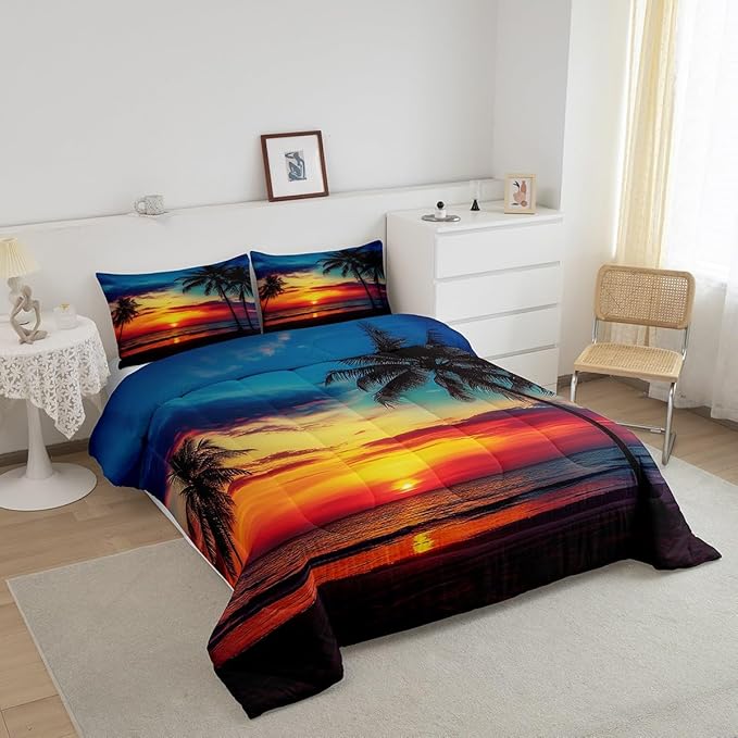 Erosebridal Palm Leaf Comforter Set Queen Size, Ocean Beach Down Comforter, Nature Theme Duvet Set, Sunset Bedding Set for Bedroom Decorative, Hawaiian Quilted Duvet, Soft Bedding Collection