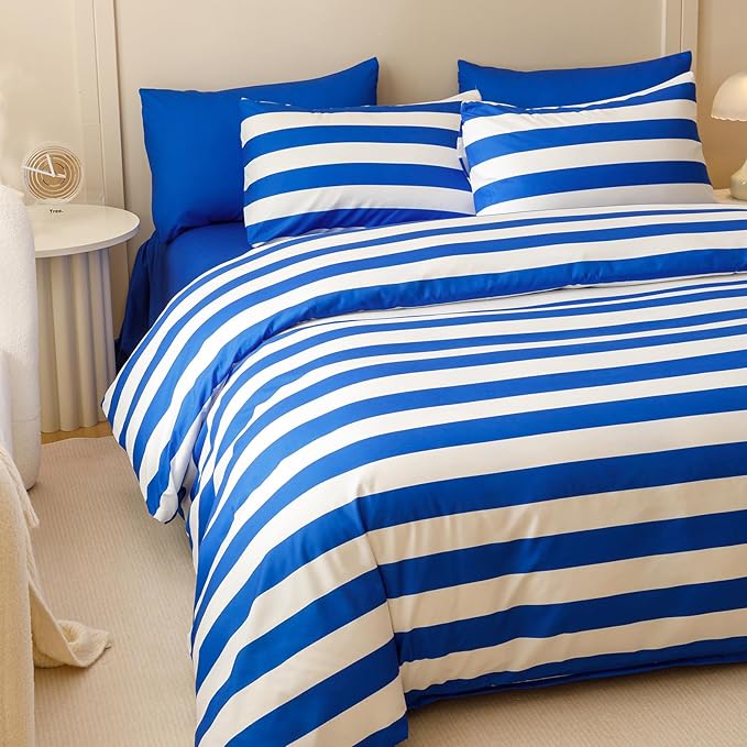 KAREVER Royal Blue White Stripes Comforter Set King Size Royal Blue White Stripes Bedding Set 3 PCs Comforter Set King Size Fluffy Linen Comforter Sets