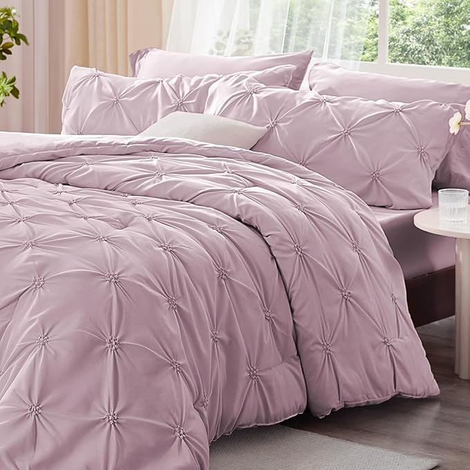 BEDELITE Light Purple King Size Comforter Set - 3 Pieces Boho Pintuck Bedding Comforter Sets, Lightweight Soft & Warm King Bedding Set with 2 Pillowcases for All Season