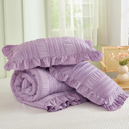 WONGS BEDDING Purple Comforter Set King,3 Pieces Ruffle Farmhouse Shabby Chic Comforter for King Bed,Soft Textured Boho Bedding Set with 1 Ruffle Comforter,2 Tufted Pillowcases 104"×90"