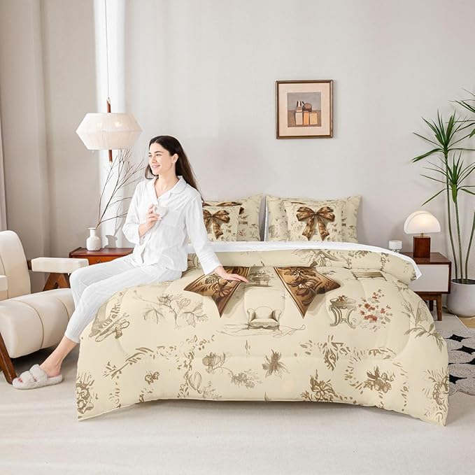 Erosebridal Brown Bowknot Bed in A Bag Twin | Coquette Decor Bohemian 7 Piece Comforter Set Western Cowboy Sheet Set Reversible Hippie Pastoral Style Fitted Sheet Breathable Lightweight