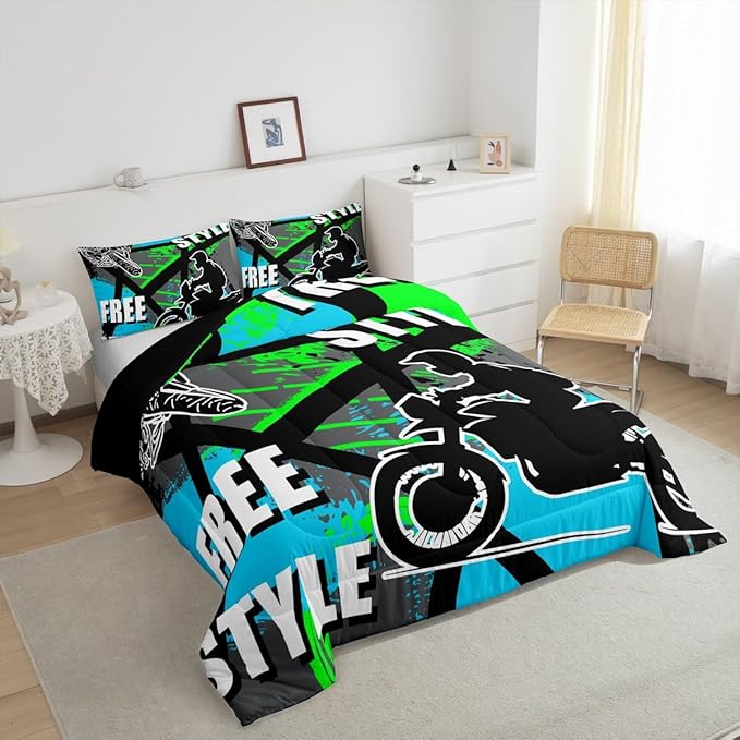 jejeloiu Boys Dirt Bike Racer Bedding Set Full Size Motocross Hip Hop Comforter Set for Kids Adult Motorcycle Sport Duvet Set Blue Green Quilt Set 3Pcs