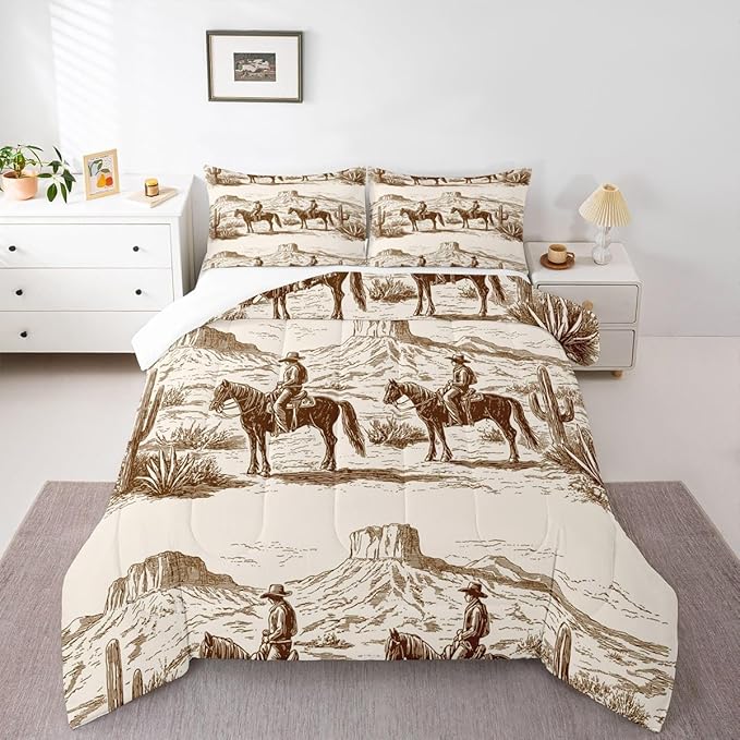 Wild West Comforter Set Queen Cowboys Bedding For Man Teens Boy American Western Desert Hunting Horse Riding Bedding Comforter Sets Hand Drawn Illustration Mountain Cactus Room Decor Duvet Insert