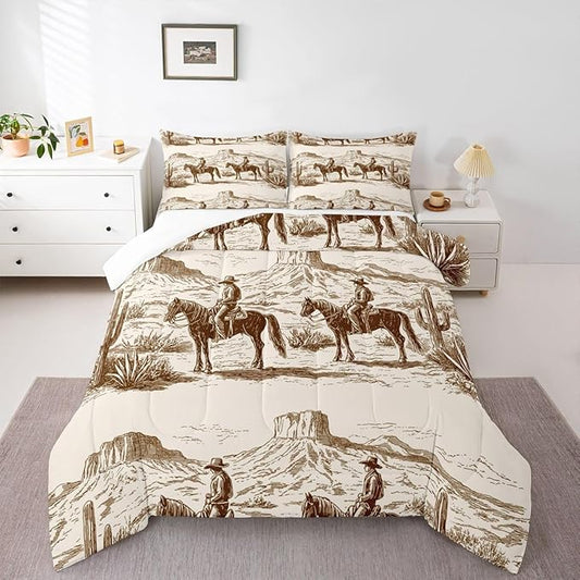 Wild West Comforter Set Queen Cowboys Bedding For Man Teens Boy American Western Desert Hunting Horse Riding Bedding Comforter Sets Hand Drawn Illustration Mountain Cactus Room Decor Duvet Insert