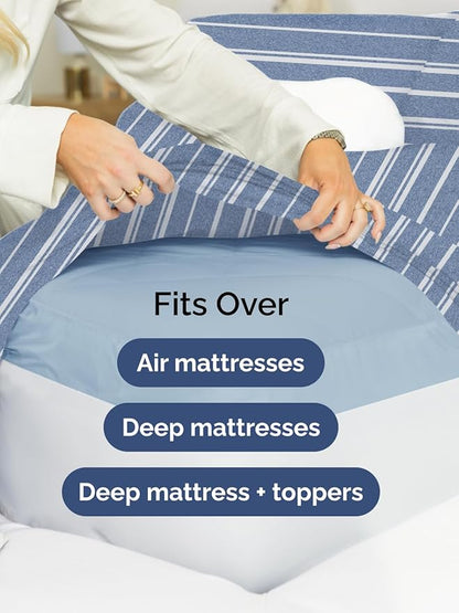 Extra Deep Twin Sheet Set - 4 Piece Breathable and Cooling Sheets - Hotel Luxury Bedding for Women, Men, Kids & Teens - Easy & Secure Fit - Soft and Wrinkle Free - Extra Deep Pockets - Blue Stripes