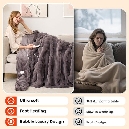 Heated Blanket Electric Throw - Soft Cozy Faux Fur Bubble Electric Blankets with 6 Time Settings, 8 Heating Levels, Fast Heating & Overheat Protection, Machine Washable (59" x 79", Gray)
