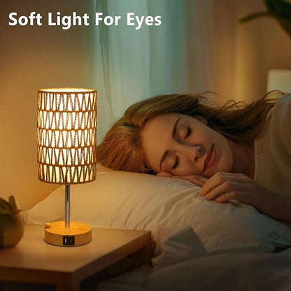 Boho Table Lamp for Bedroom with Bulb, Small Touch Control Table Lamp for Living Room with Rattan & Linen Shade, 3 Way Dimmable Bedside Lamp for Nightstand with USB Charging Port & Phone Stand