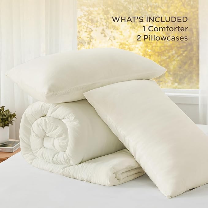 Bedsure Queen Comforter Set, Ivory Soft Prewashed Bedding for All Seasons, 3 Pieces GentleSoft™ Bed Set, 1 Lightweight Comforter (90"x90") and 2 Pillowcases (20"x26")