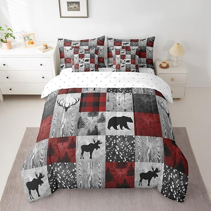 Erosebridal 7 Pcs Rustic Bear Comforter Set Full Size,Hunting Animal Bed in a Bag with Flat Sheet and Fitted Sheet for Kids and Adults,Camping Patchwork Bedding Set with Pillowcases and Cushion Cases