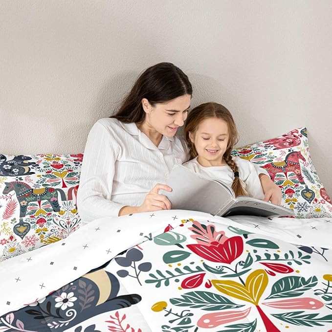 Scandinavian Horse Comforter Set Queen Size,Rustic Farmhouse Floral Bedding Sets 3Pcs for Kids Girls Boys Women Room Decor,Bird Squirrel Quilted Duvet Christmas Style Down Comforter,2 Pillowcases